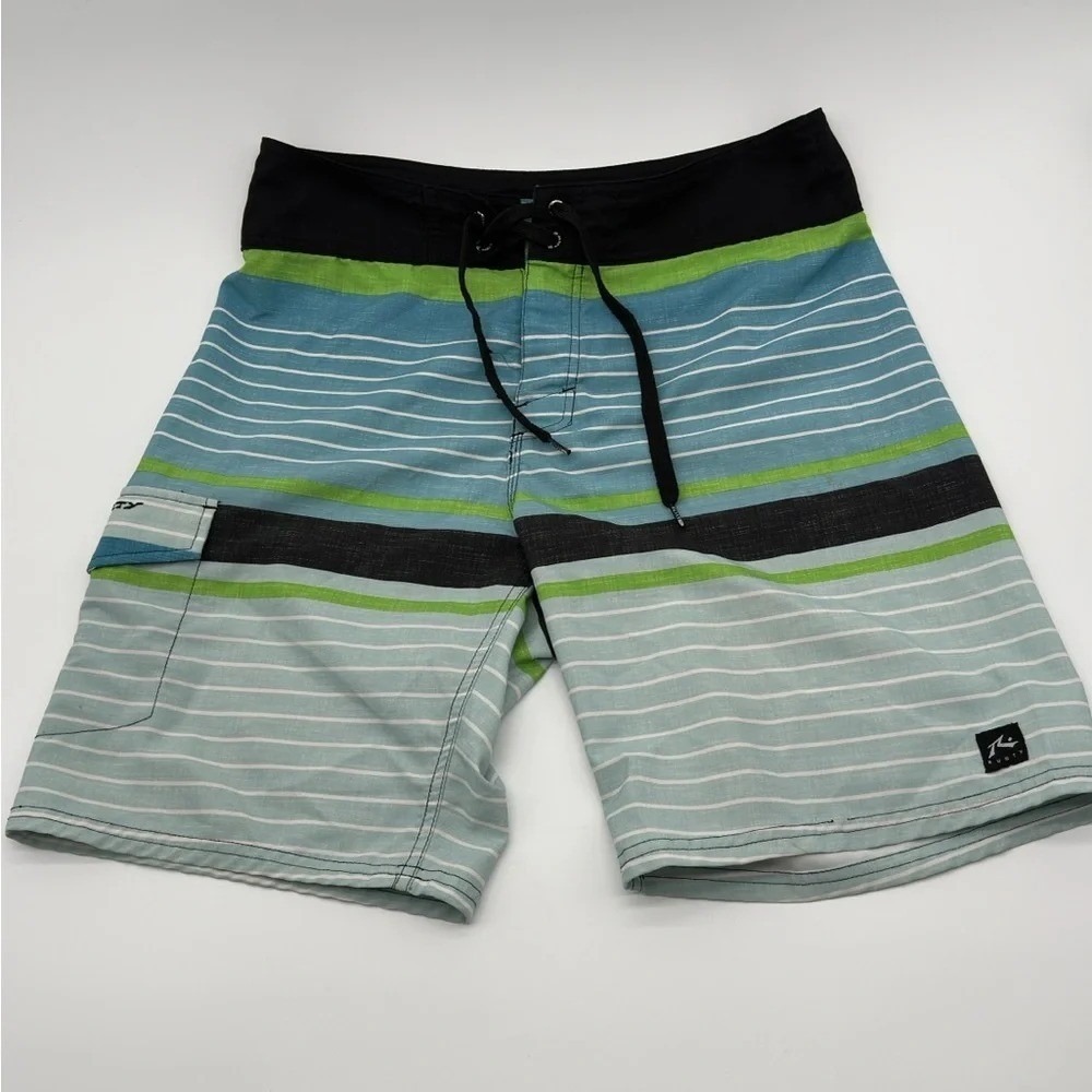 Rusty‎ Mens Striped Board Shorts Blue Green Black Swim Trunks Size 30